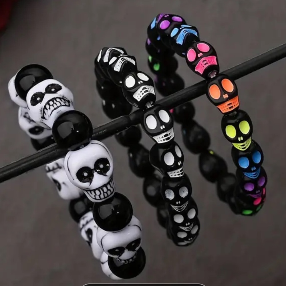 3 Skull Head Elastic Beads, Halloween, Gothic, Sugar Skull, Badass Bracelets